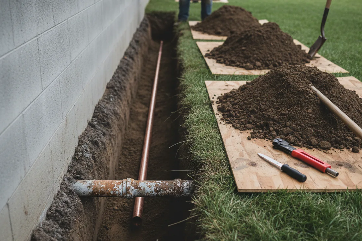 Excavated water line trench during Water Heater Repair in New Derry